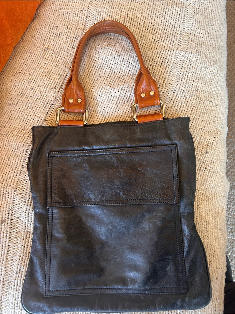 Leather Tote Bag with Tan Handles - Black